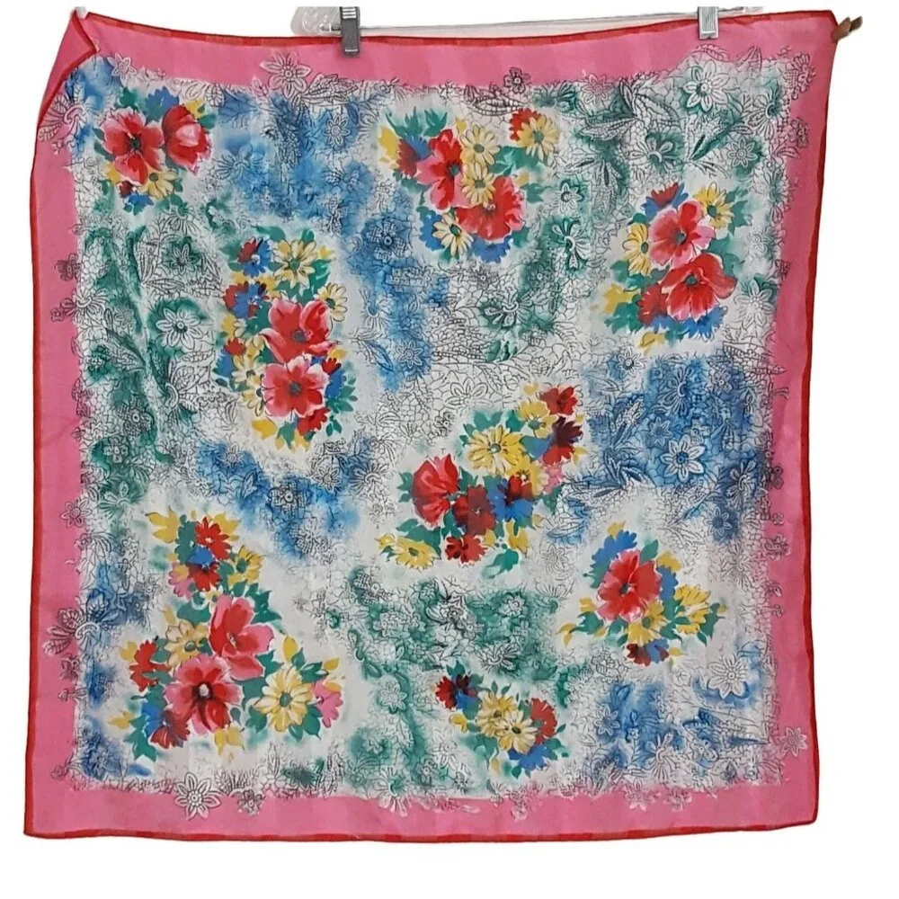 Vintage Womens Silk Scarf‎ Pink Blue Floral 30
